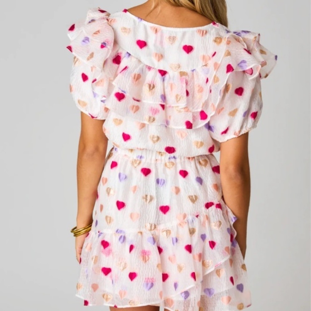 Buddy Love Norma Ruffle Short Dress Kissing Booth Heart Print White Pink - Picture 14 of 15